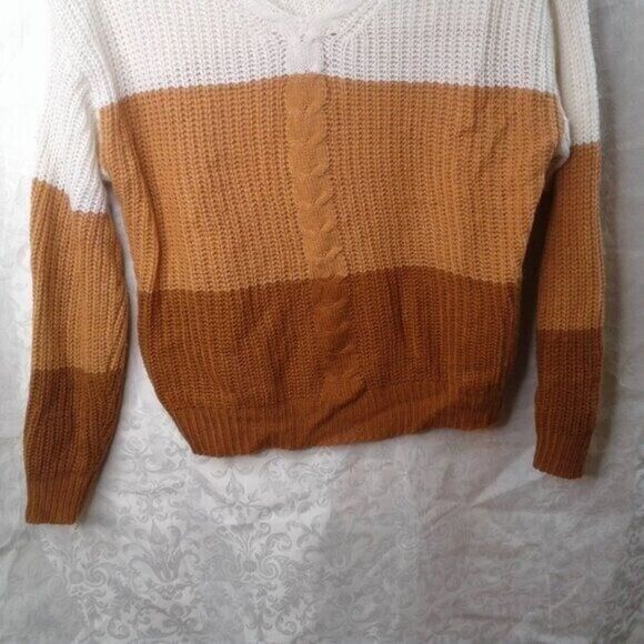 Tween Girls Colorblock Drop Shoulder Cable V-Neck Knit Sweater Size 11-12Y Earth - Picture 3 of 8